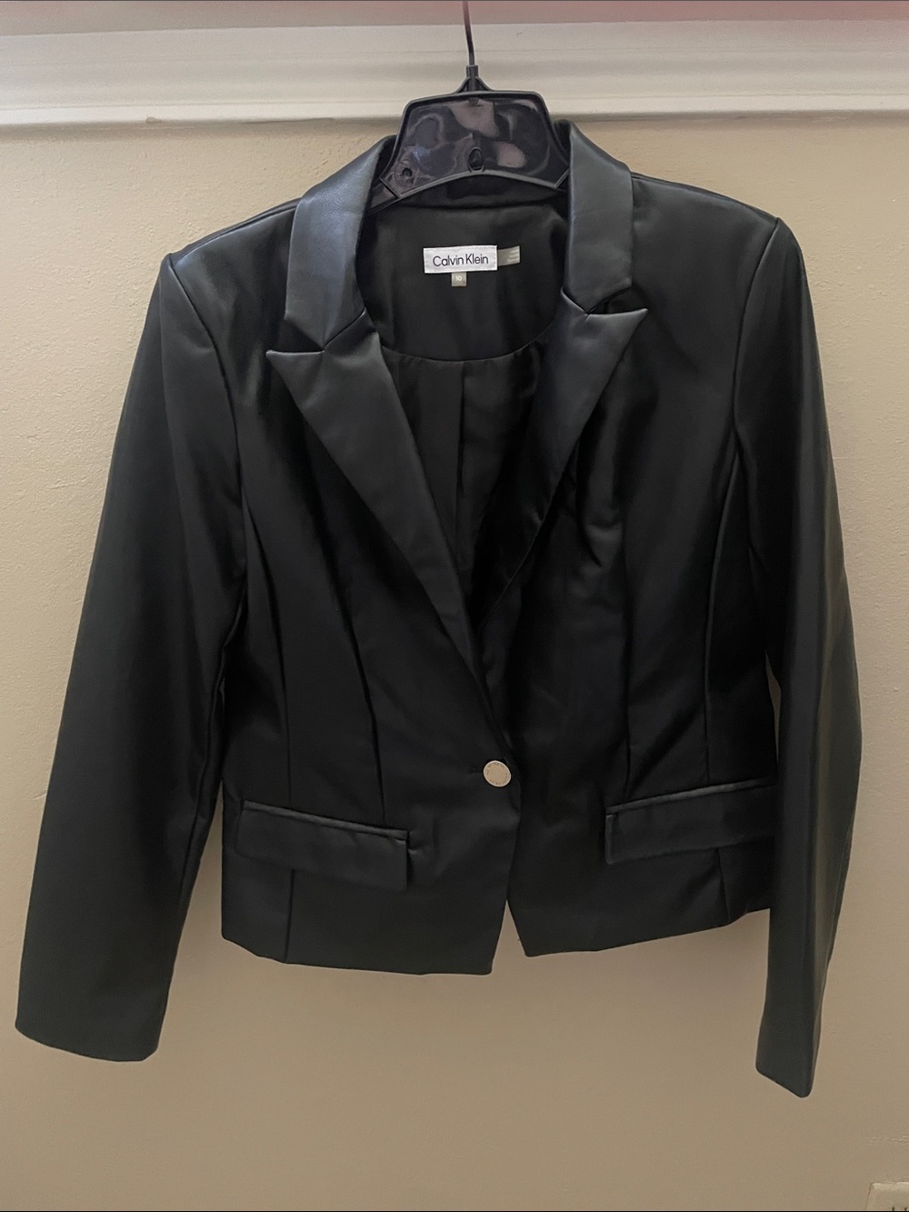 CALVIN KLEIN Black Faux Leather Single-Button Blazer Jacket